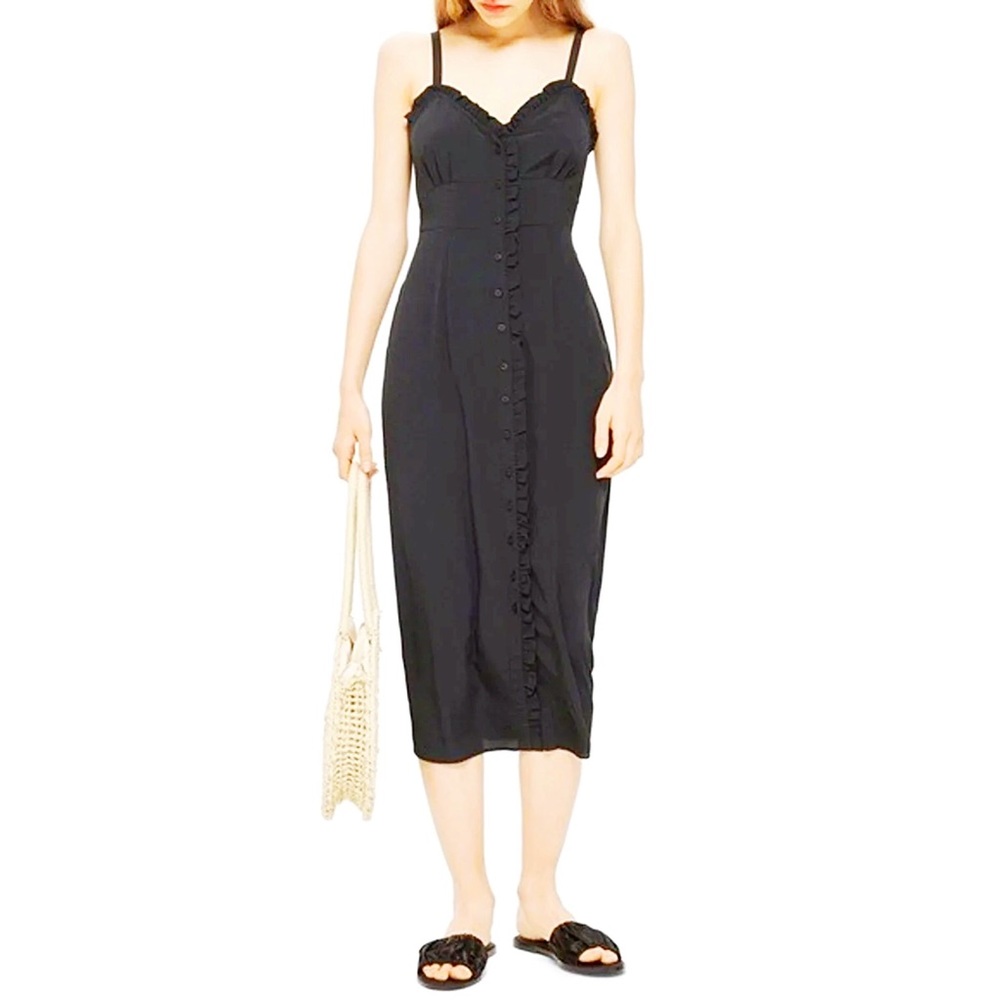 TopShop Black Ruffled Button Down Slip Dress Sz 6